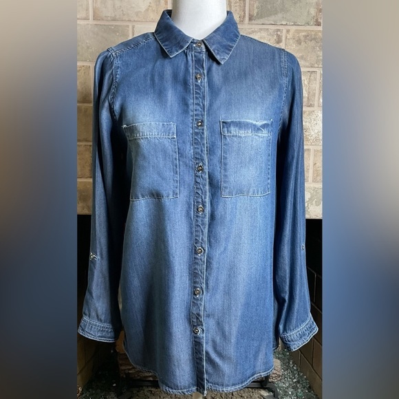 Skylar & Jade denim & burnt out velvet back Shirt Gorgeous detail EUC Sz M - Picture 5 of 8